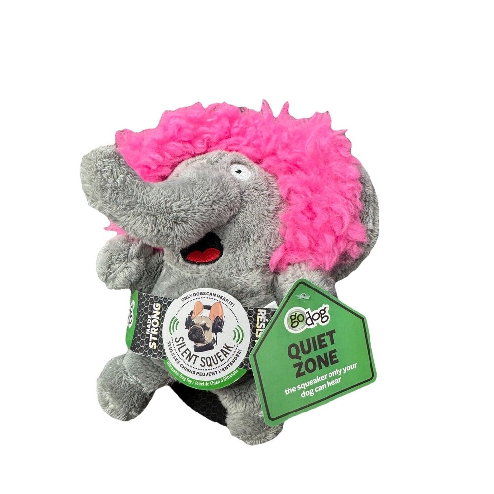 goDog Silent Squeak Elephant Plush Dog Toy Quiet Zone Pink Mane NWT